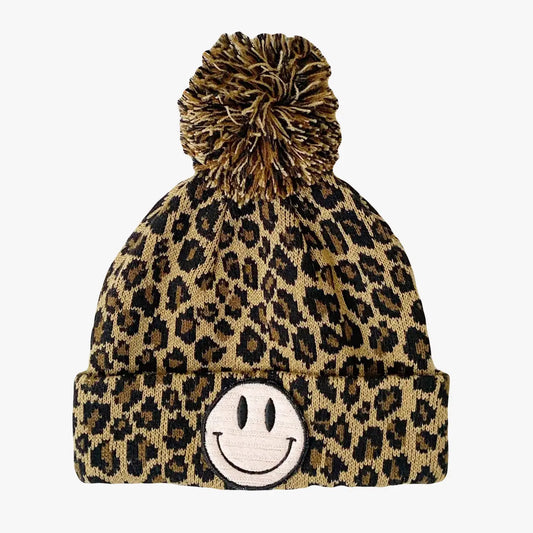 Leopard Beanie with Pink Smiley Face