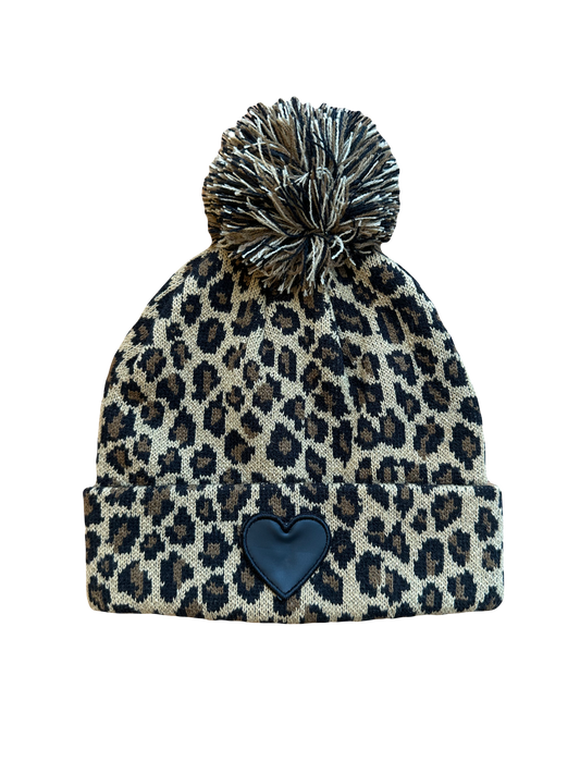 Leopard Beanie with Black Heart Patch